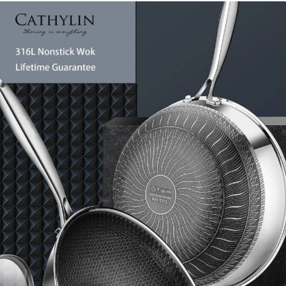 CATHYLIN:  12.5"/ 1 QT -  Nonstick Stainless Steel Wok Pan with Lid - Picture 2 of 13